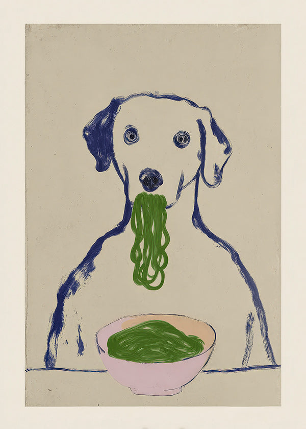 Kökskonst: hund som äter nudlar