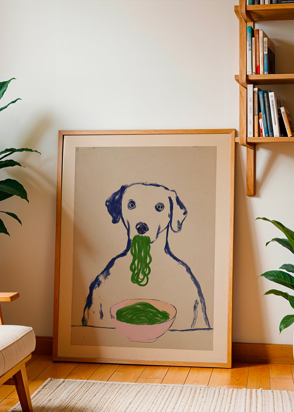 Kökskonst: hund som äter nudlar