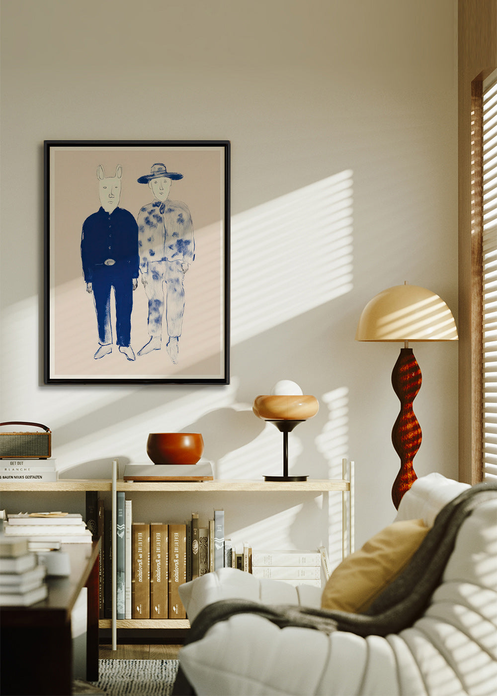 Illustration av två figurer med kanin i blått bläck