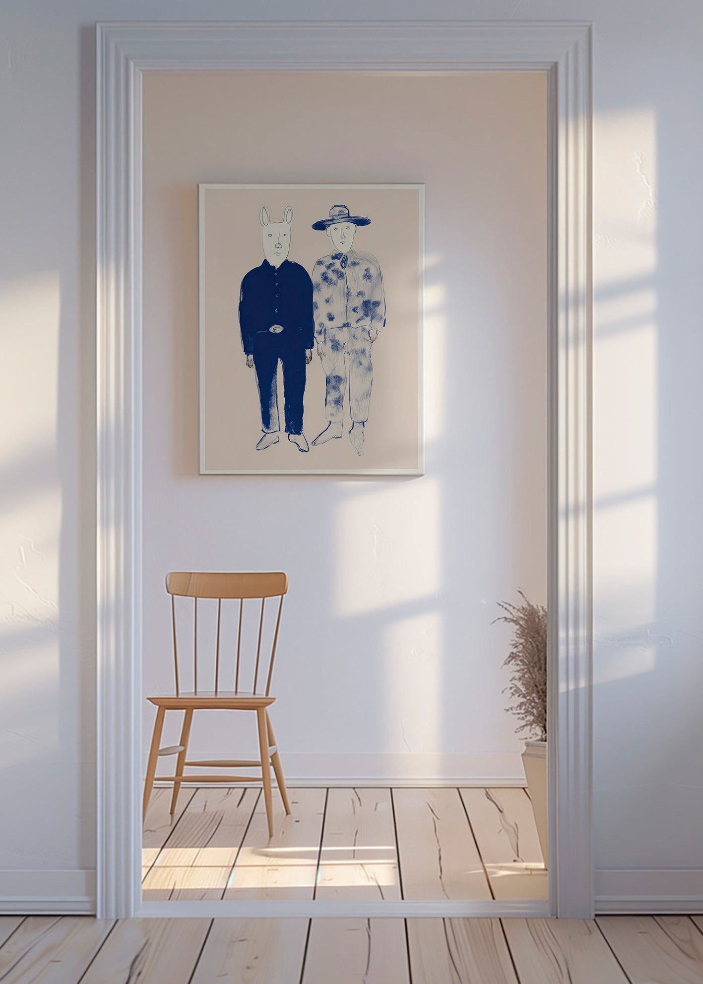 Illustration av två figurer med kanin i blått bläck
