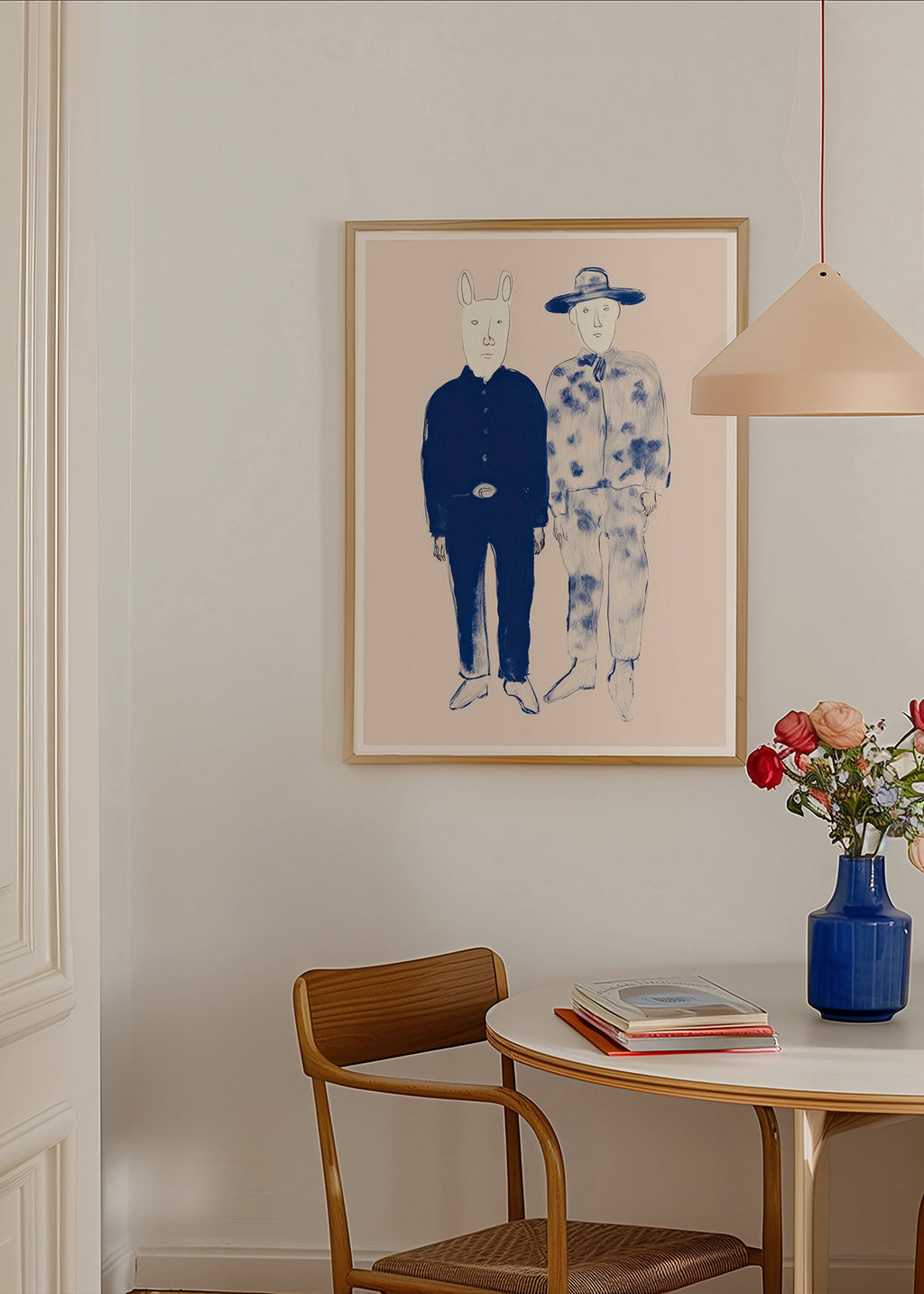 Illustration av två figurer med kanin i blått bläck