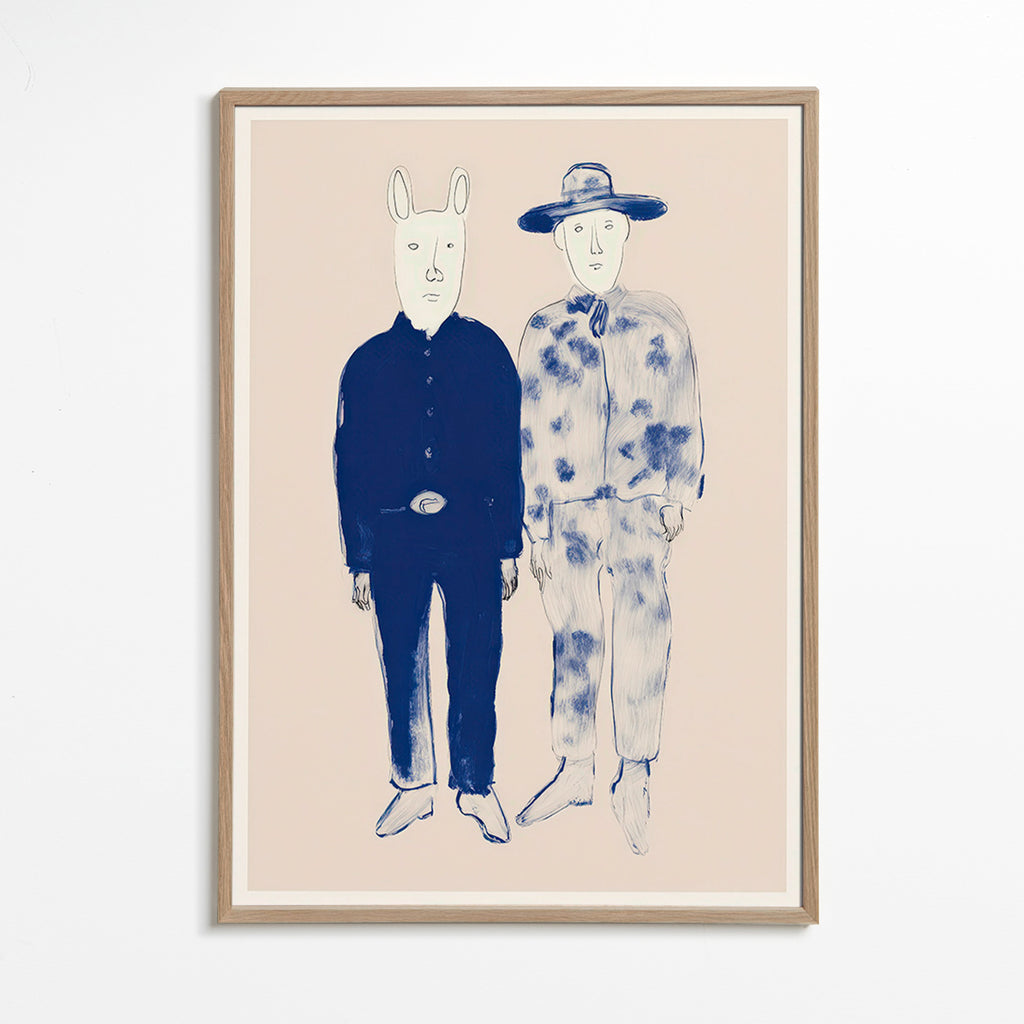 Illustration av två figurer med kanin i blått bläck
