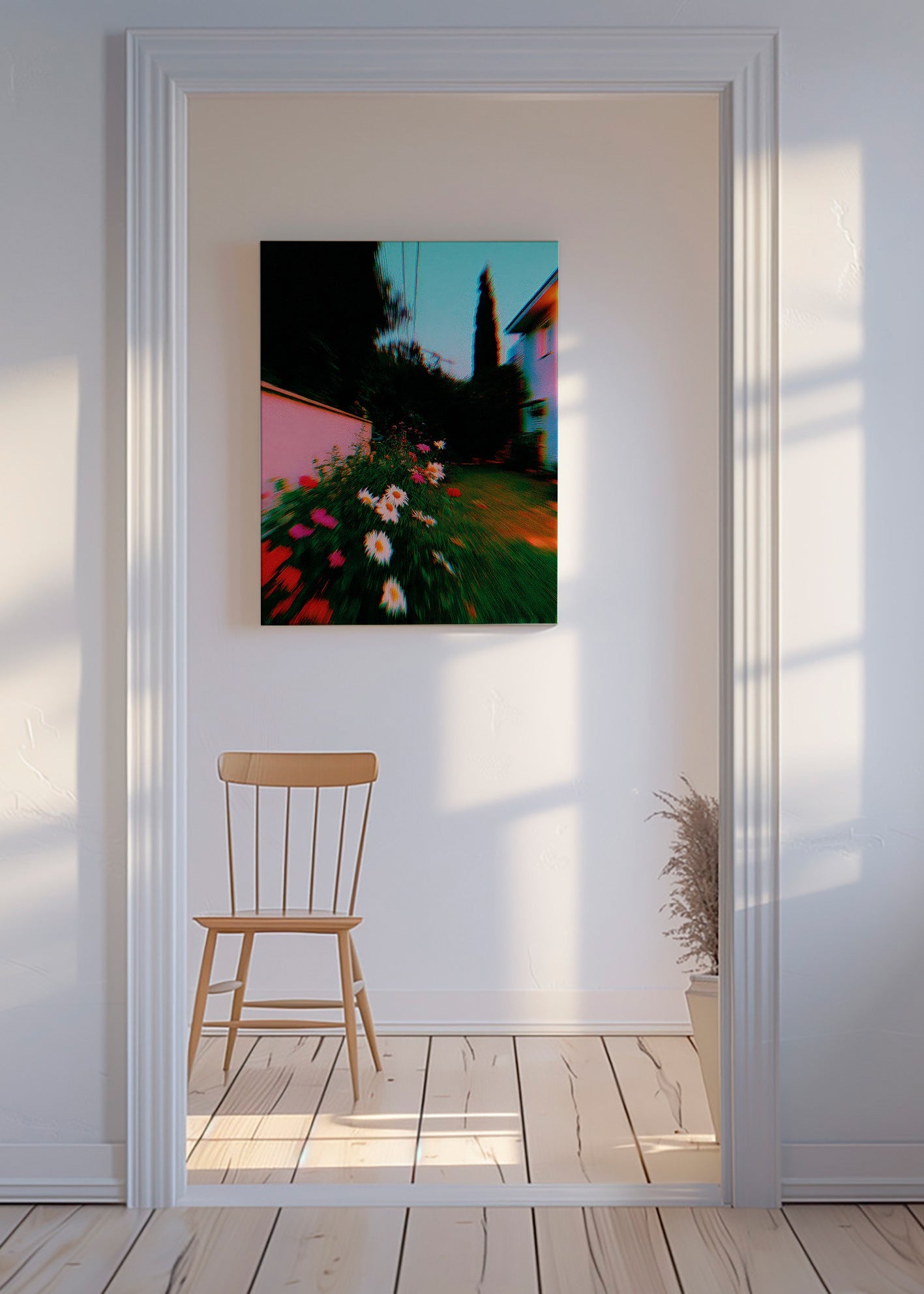 Botanisk poster med oskarpt trädgårdsmotiv och prästkragar