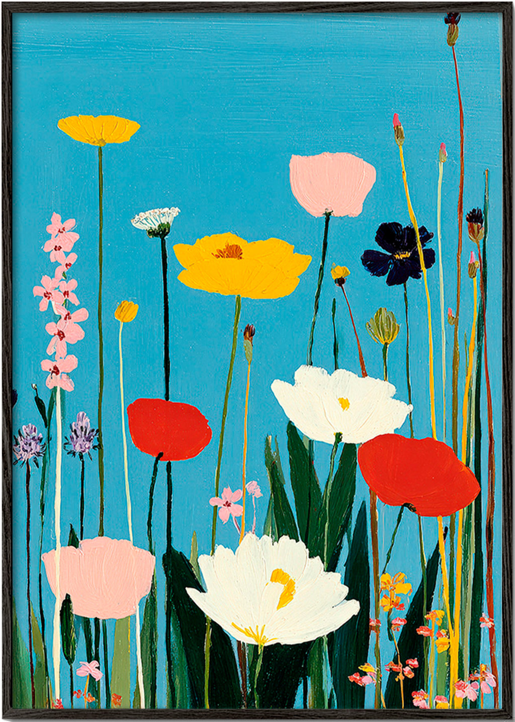 Botanisk poster ängsblommor på blå bakgrund