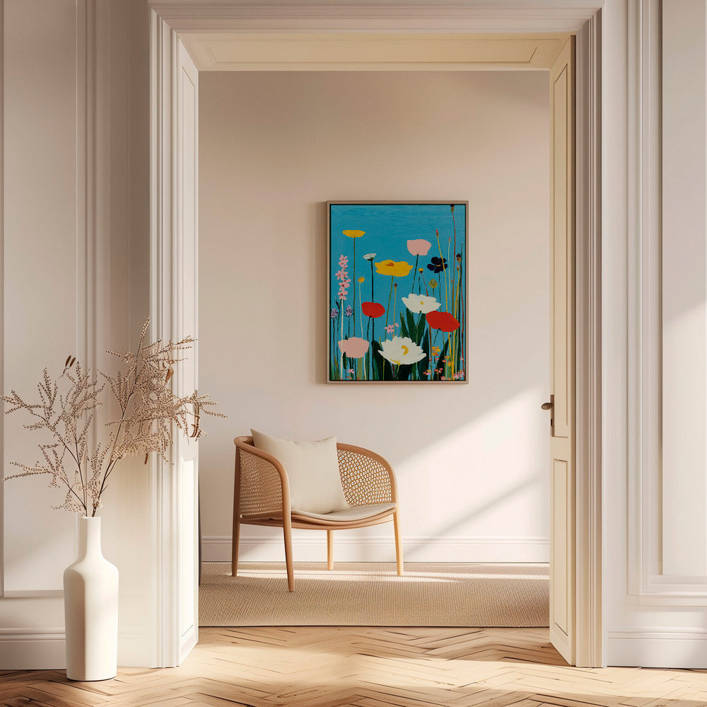 Botanisk poster ängsblommor på blå bakgrund