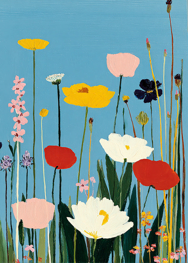 Botanisk poster ängsblommor på blå bakgrund