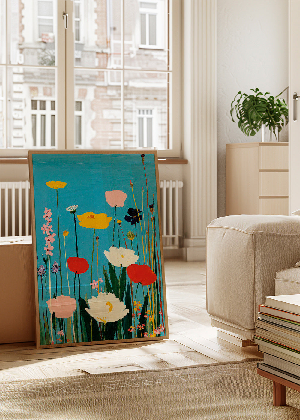 Botanisk poster ängsblommor på blå bakgrund