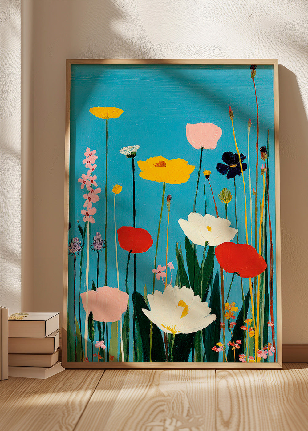 Botanisk poster ängsblommor på blå bakgrund