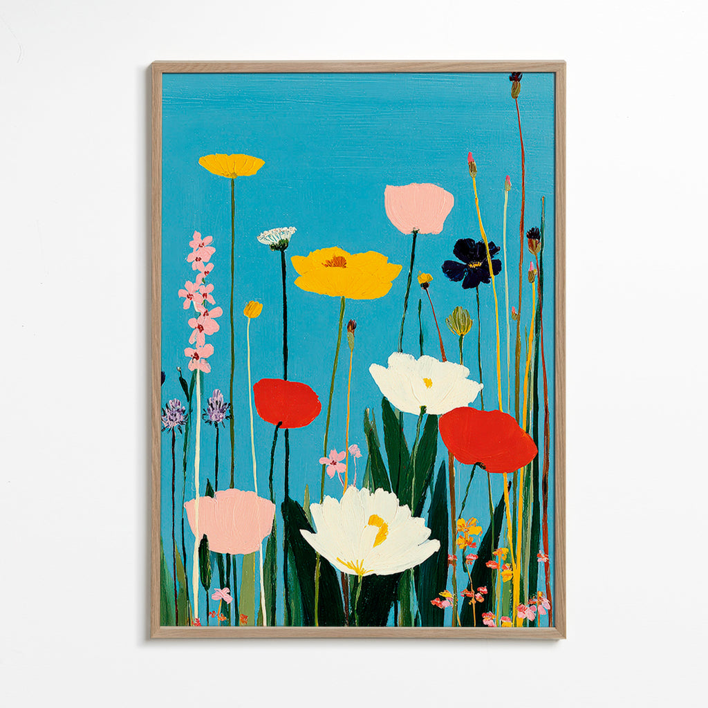 Botanisk poster ängsblommor på blå bakgrund