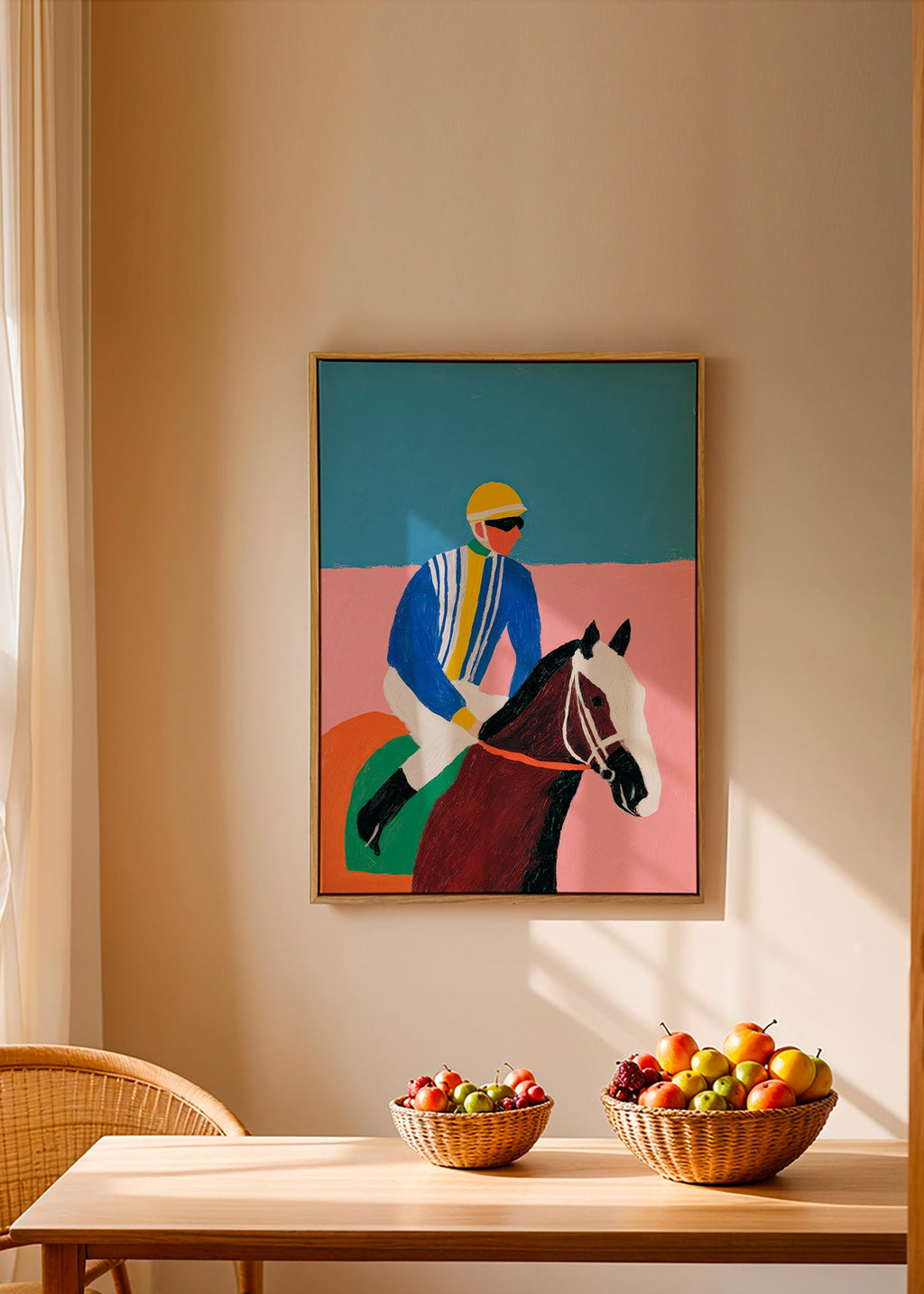 Sportkonst: jockey och häst i platta färger