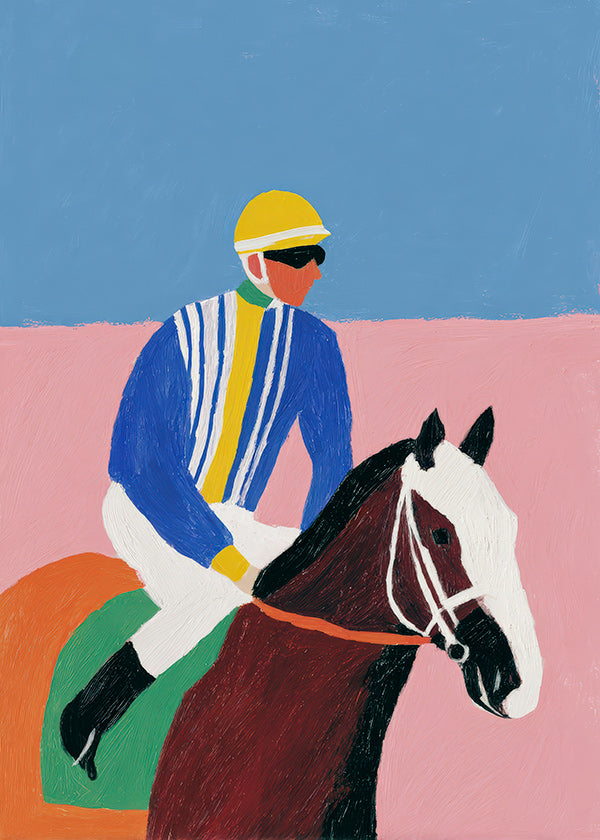 Sportkonst: jockey och häst i platta färger