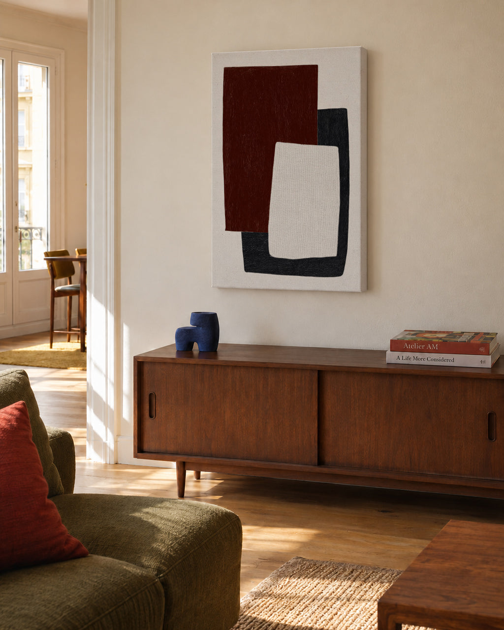 Burnt Shapes - Unframed canvas in an interior