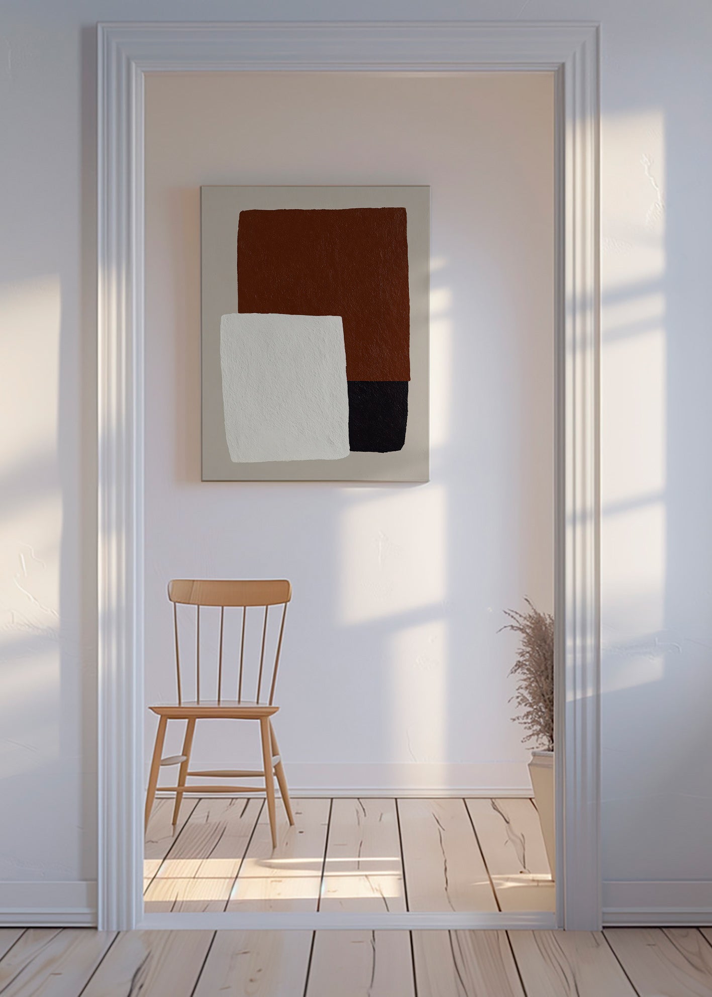 Minimalistisk tavla med bruna och vita block