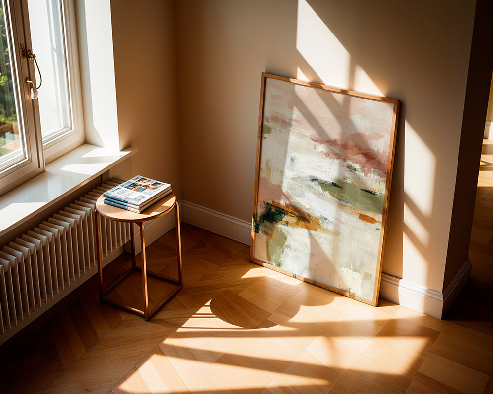 Abstrakt konst med mjuk horisont och organiska penseldrag