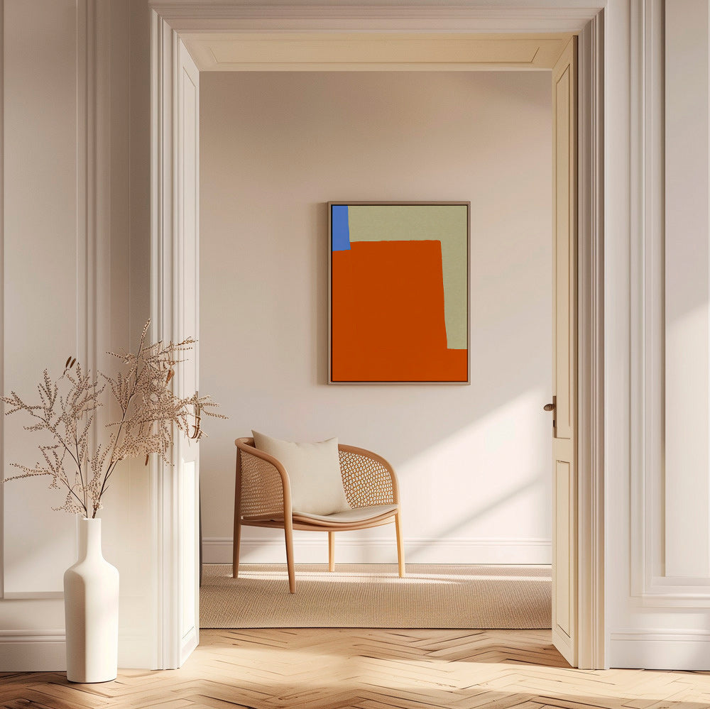 Abstrakt konstverk med orange block