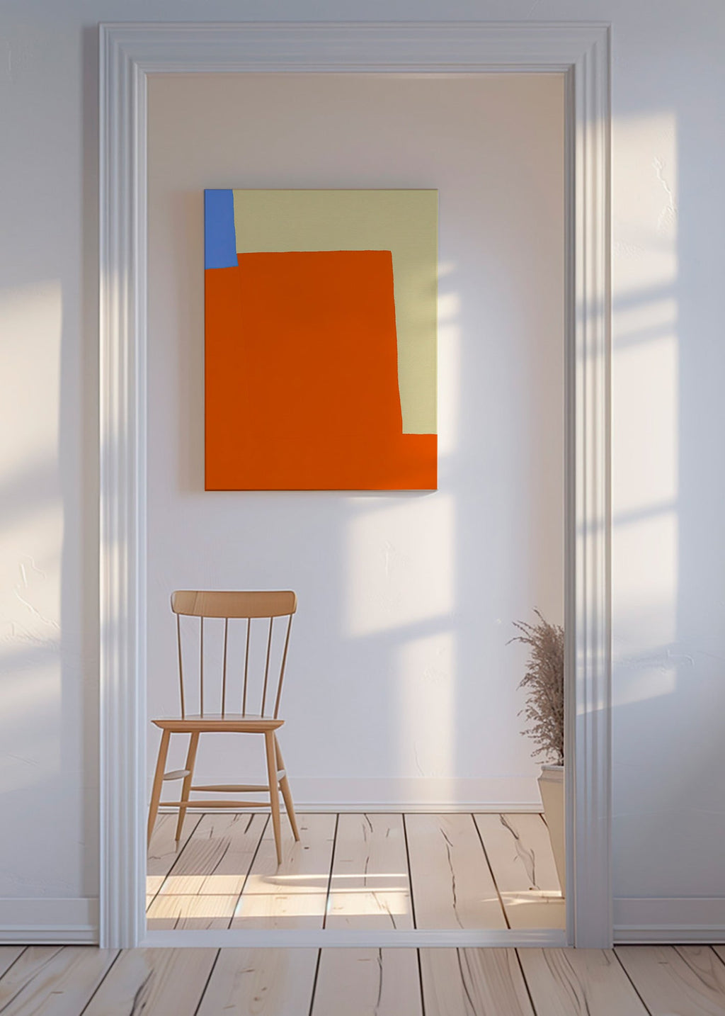 Abstrakt konstverk med orange block