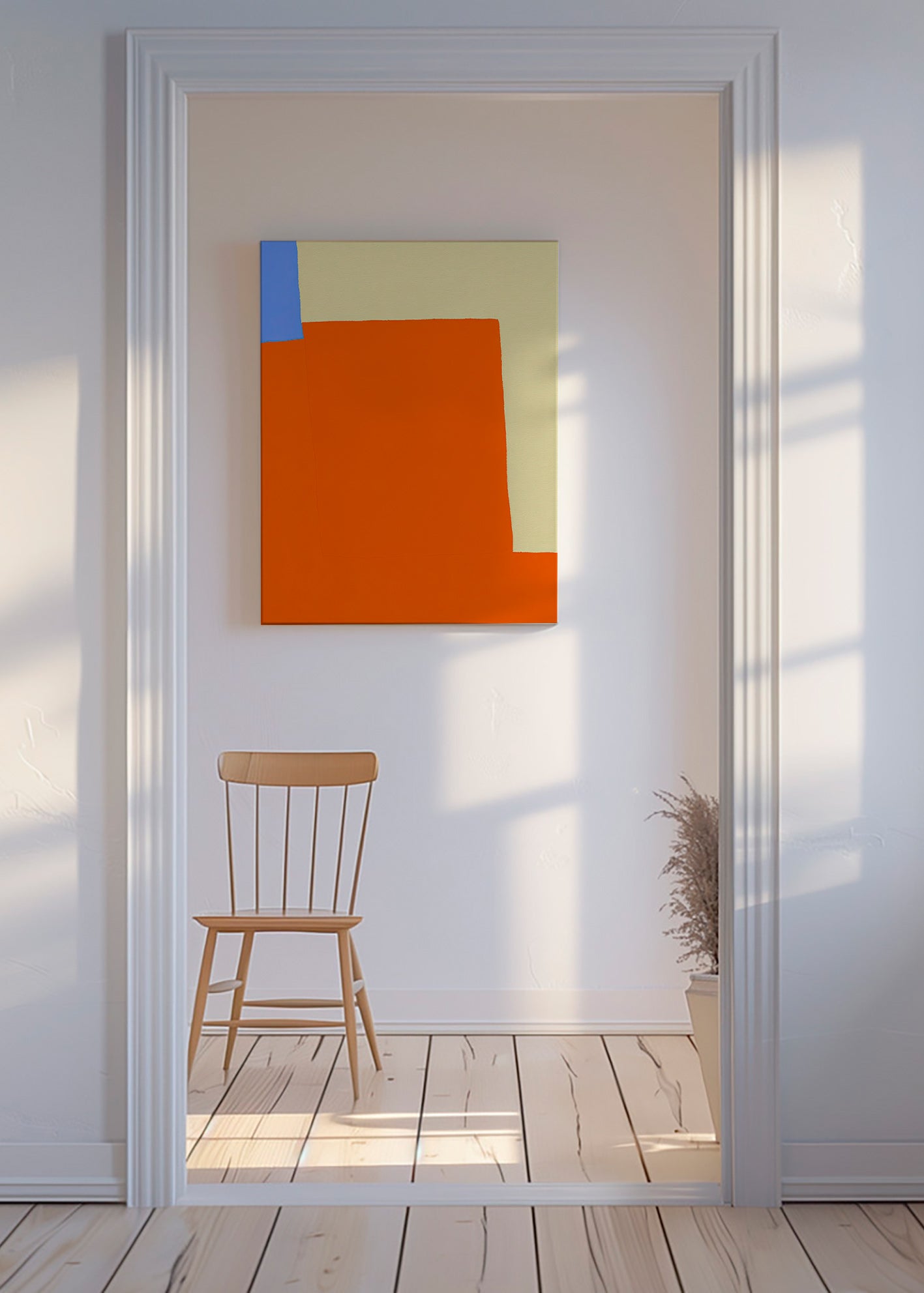 Abstrakt konstverk med orange block