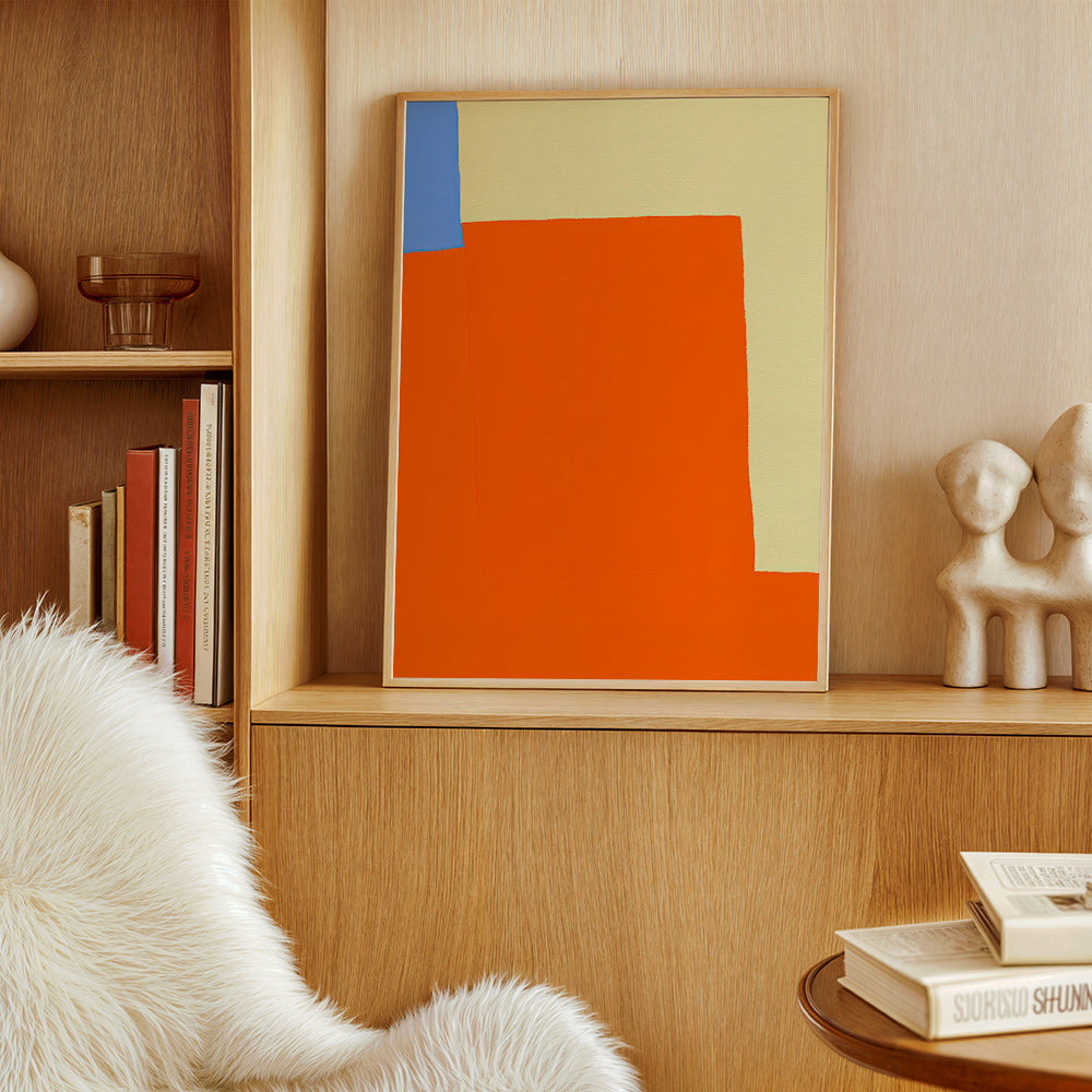 Abstrakt konstverk med orange block