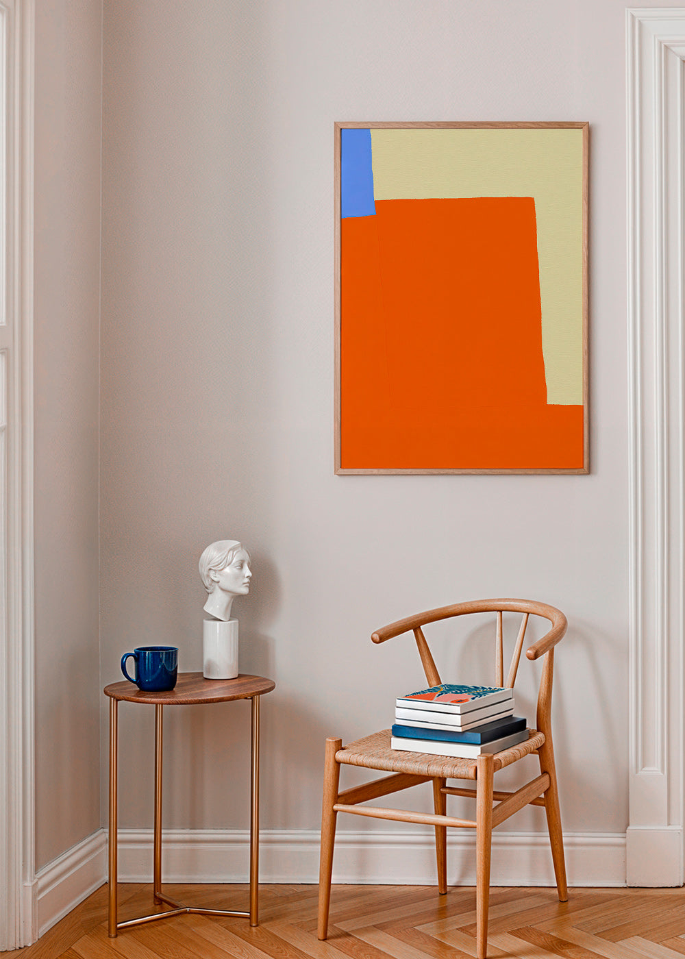 Abstrakt konstverk med orange block