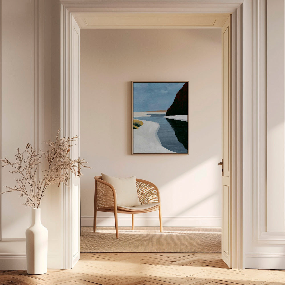 Landskapskonst: minimalistiskt estuarium med mörk klippa