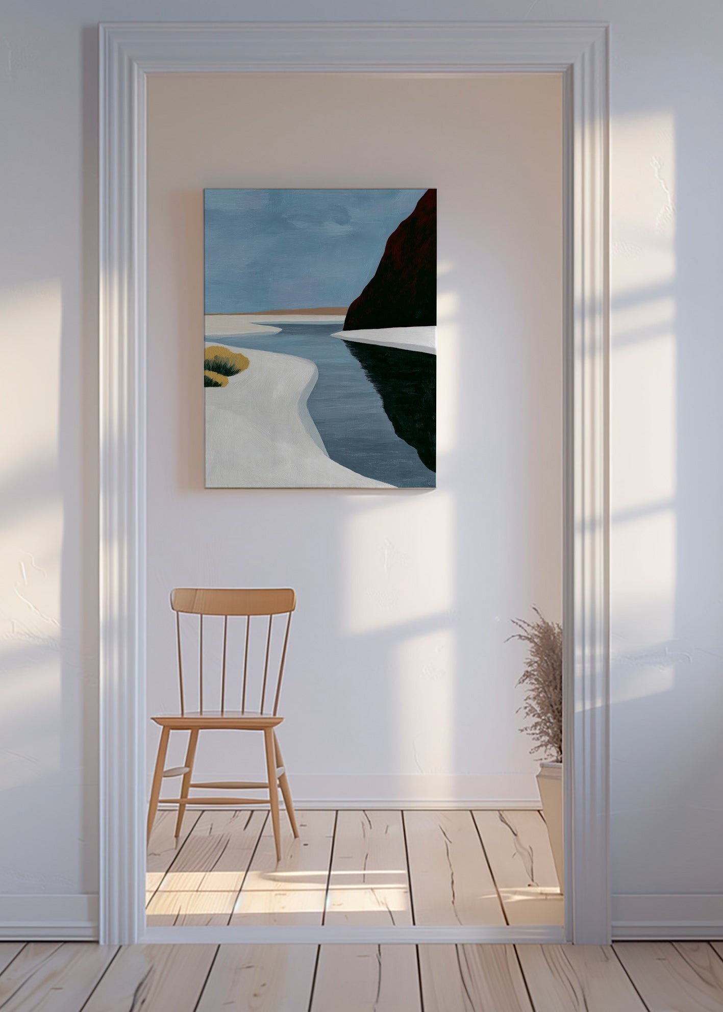Landskapskonst: minimalistiskt estuarium med mörk klippa