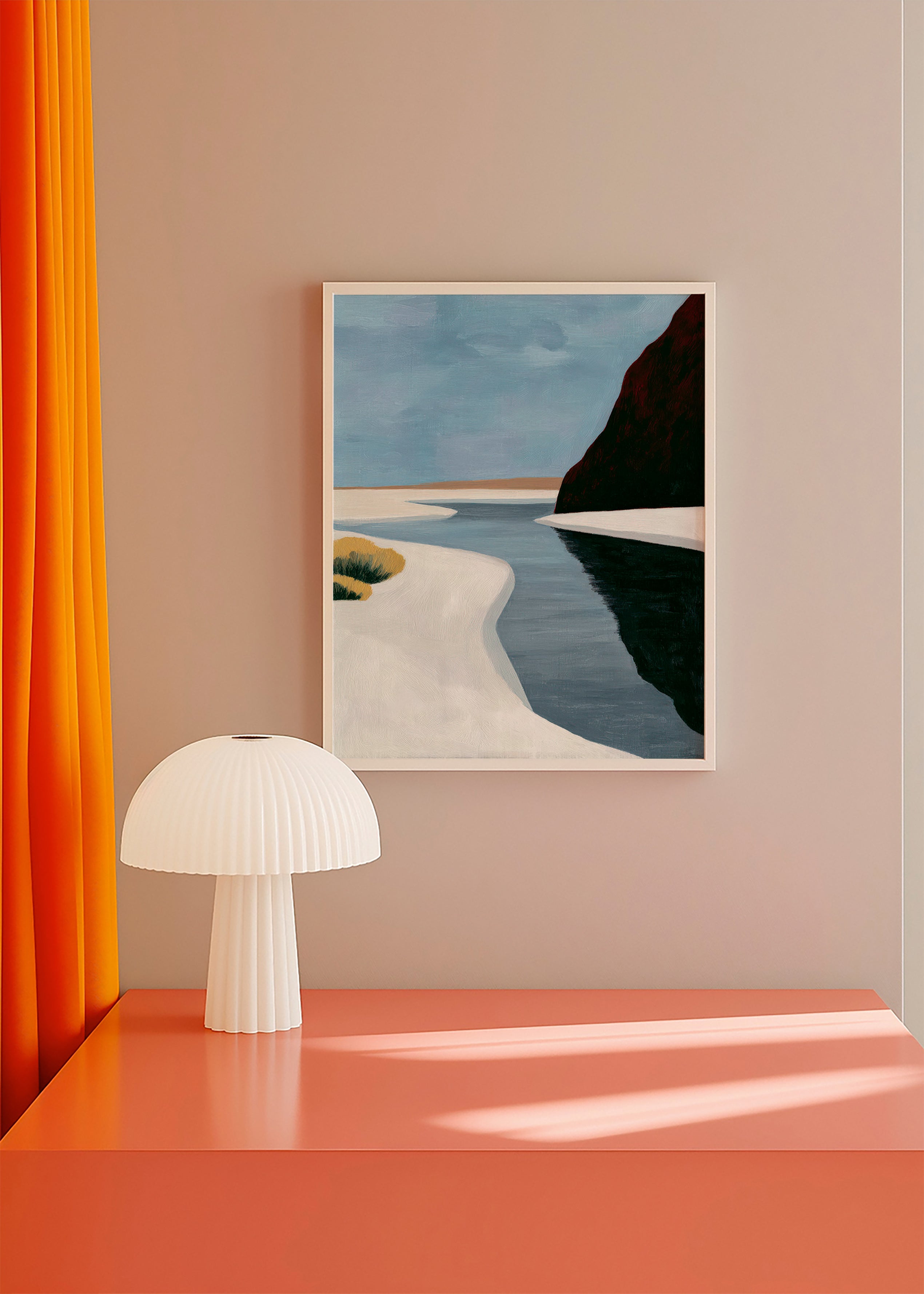 Landskapskonst: minimalistiskt estuarium med mörk klippa