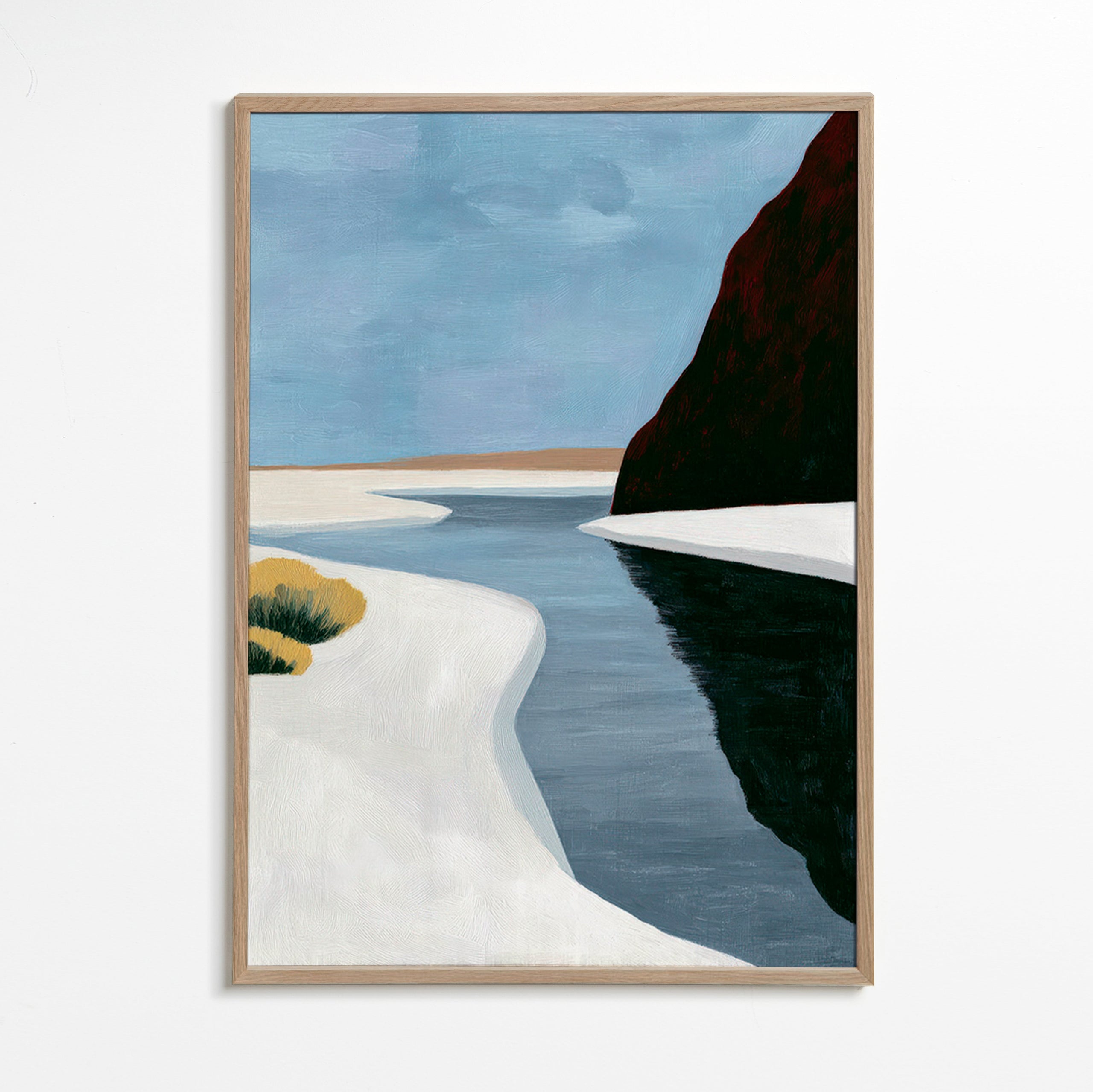 Landskapskonst: minimalistiskt estuarium med mörk klippa