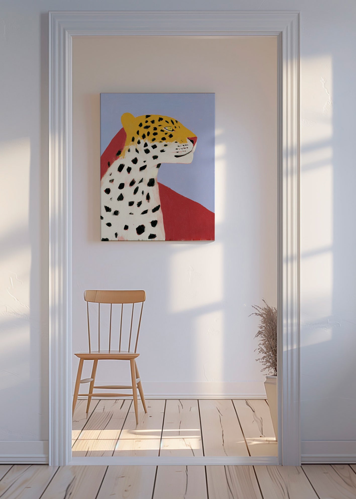 Leopard i profil på lavendelfärgad bakgrund
