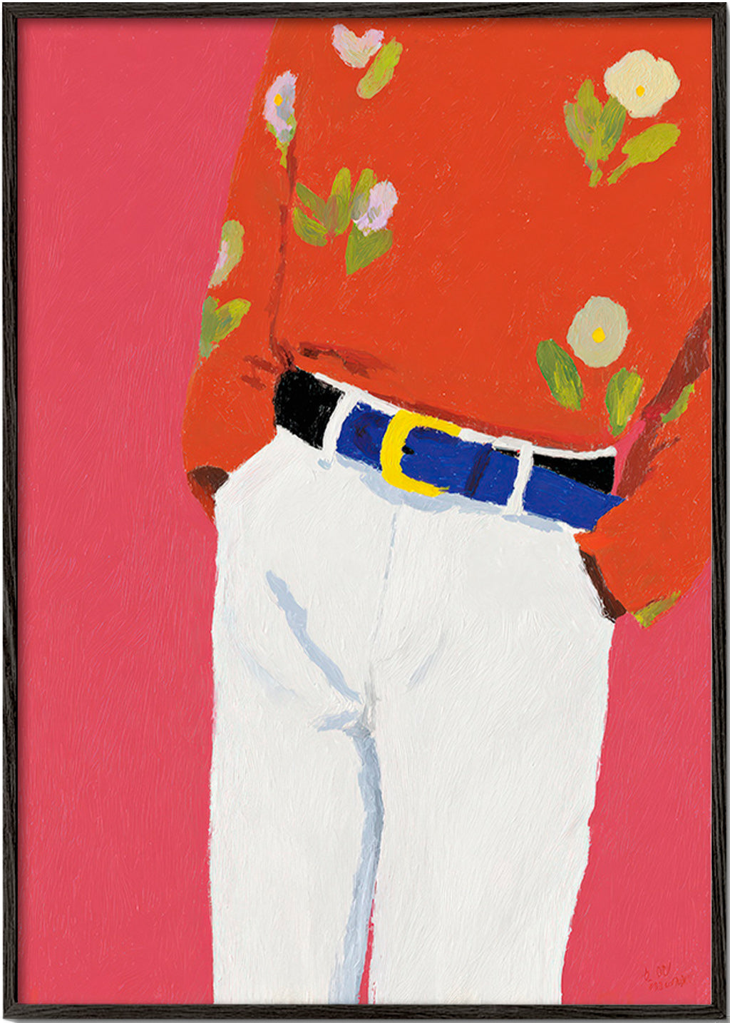 Illustration torso med blommig skjorta mot rosa bakgrund