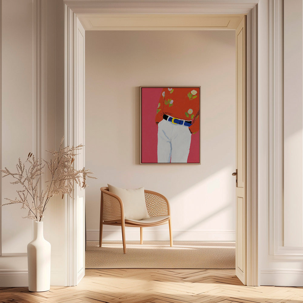 Illustration torso med blommig skjorta mot rosa bakgrund