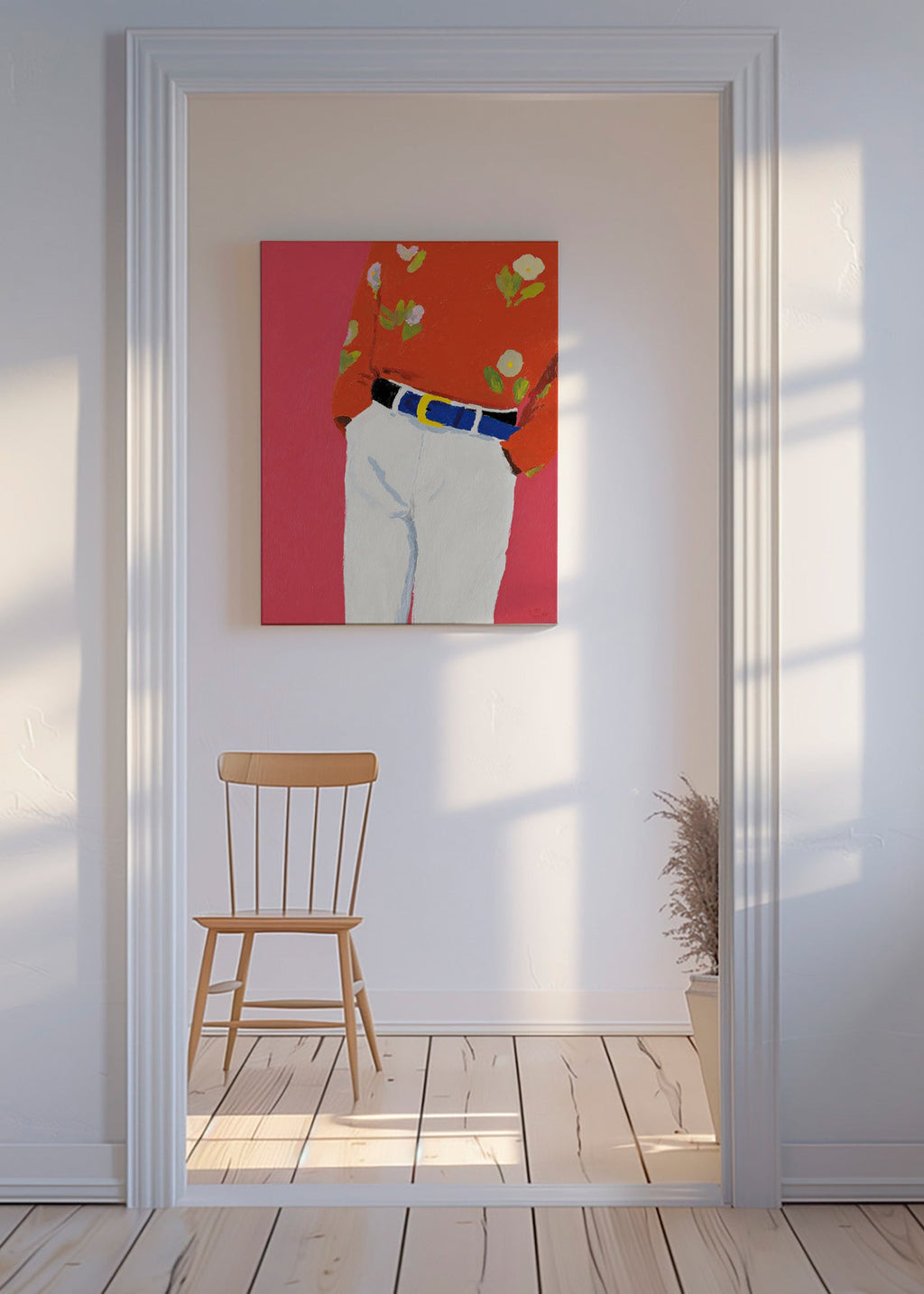 Illustration torso med blommig skjorta mot rosa bakgrund