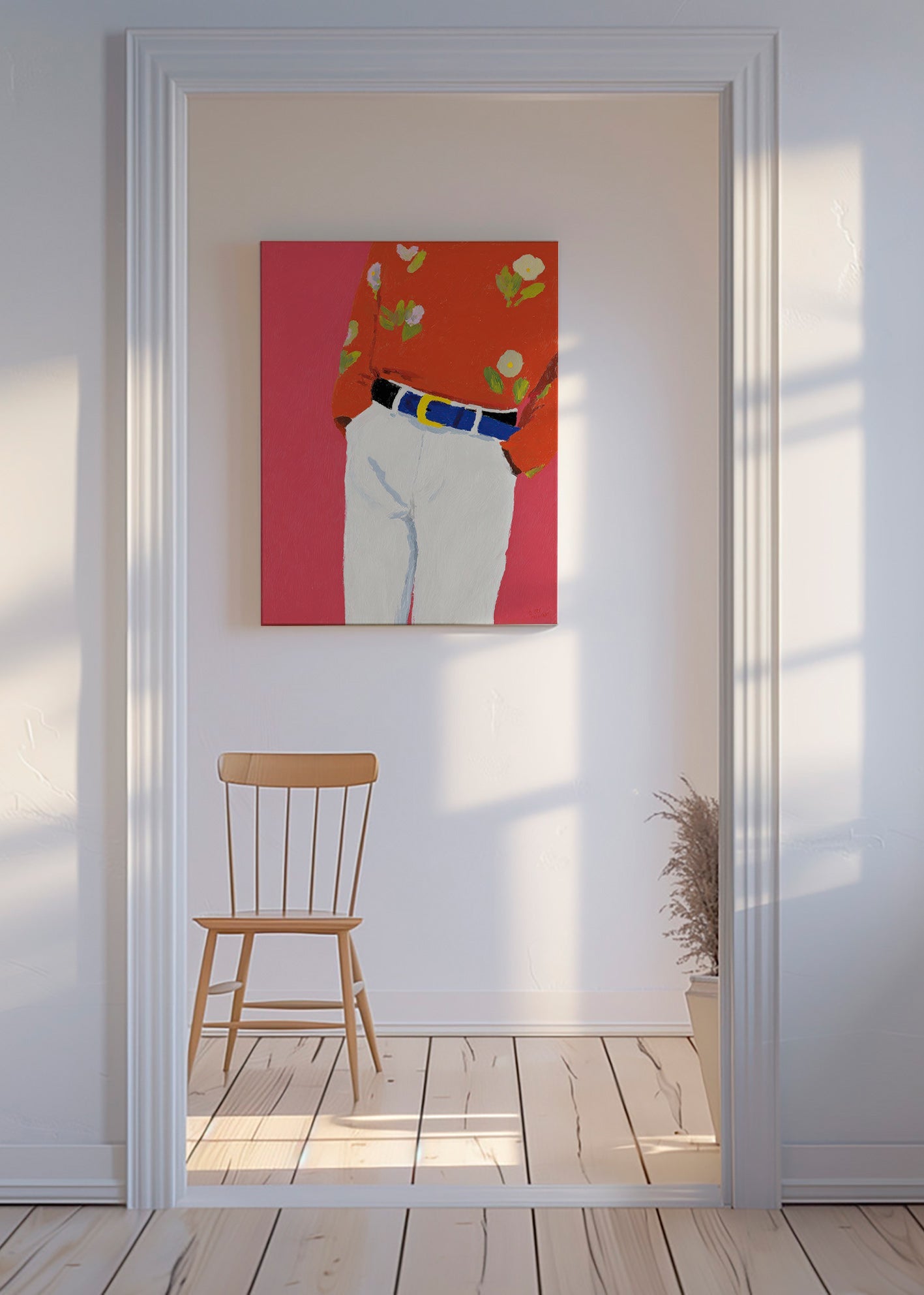 Illustration torso med blommig skjorta mot rosa bakgrund