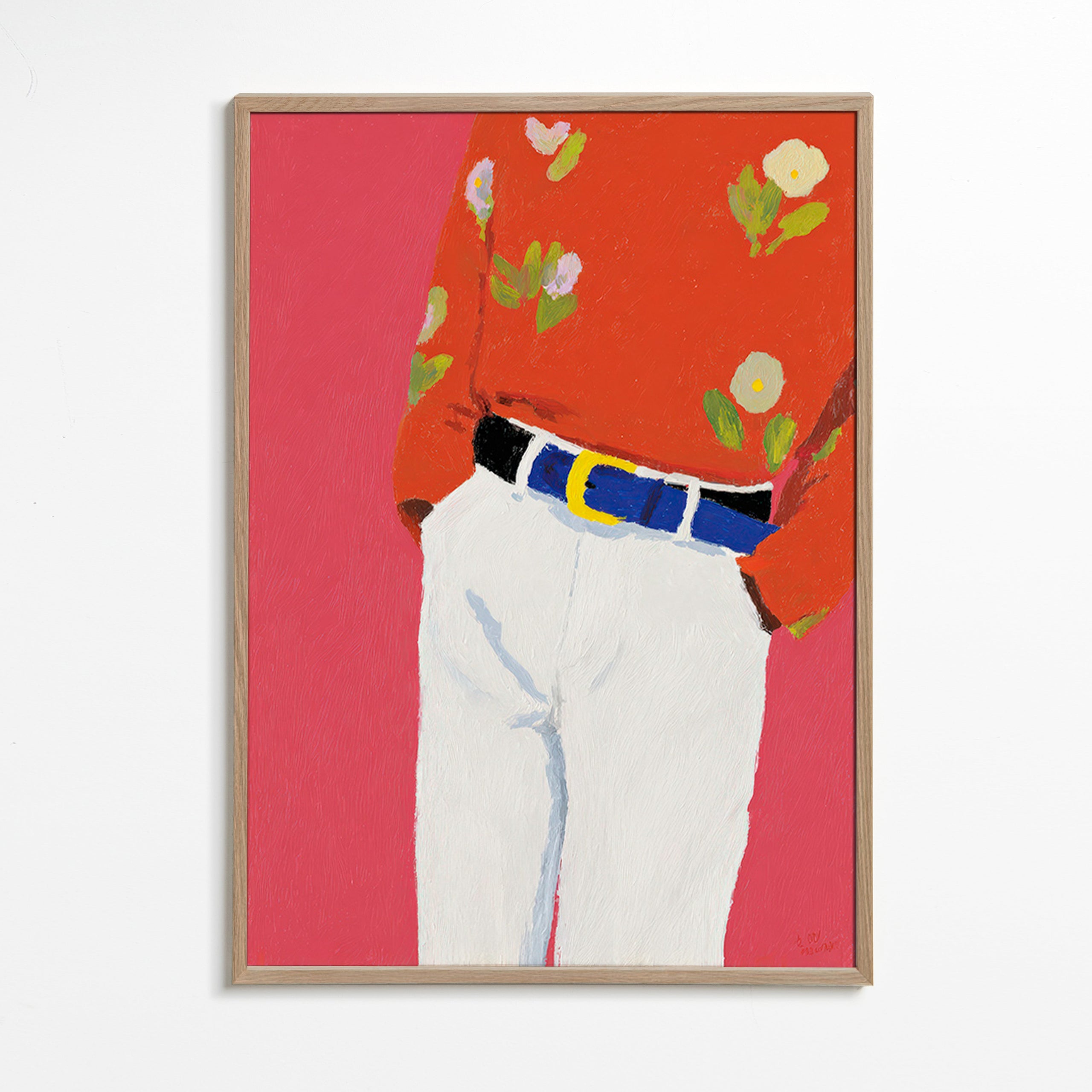 Illustration torso med blommig skjorta mot rosa bakgrund