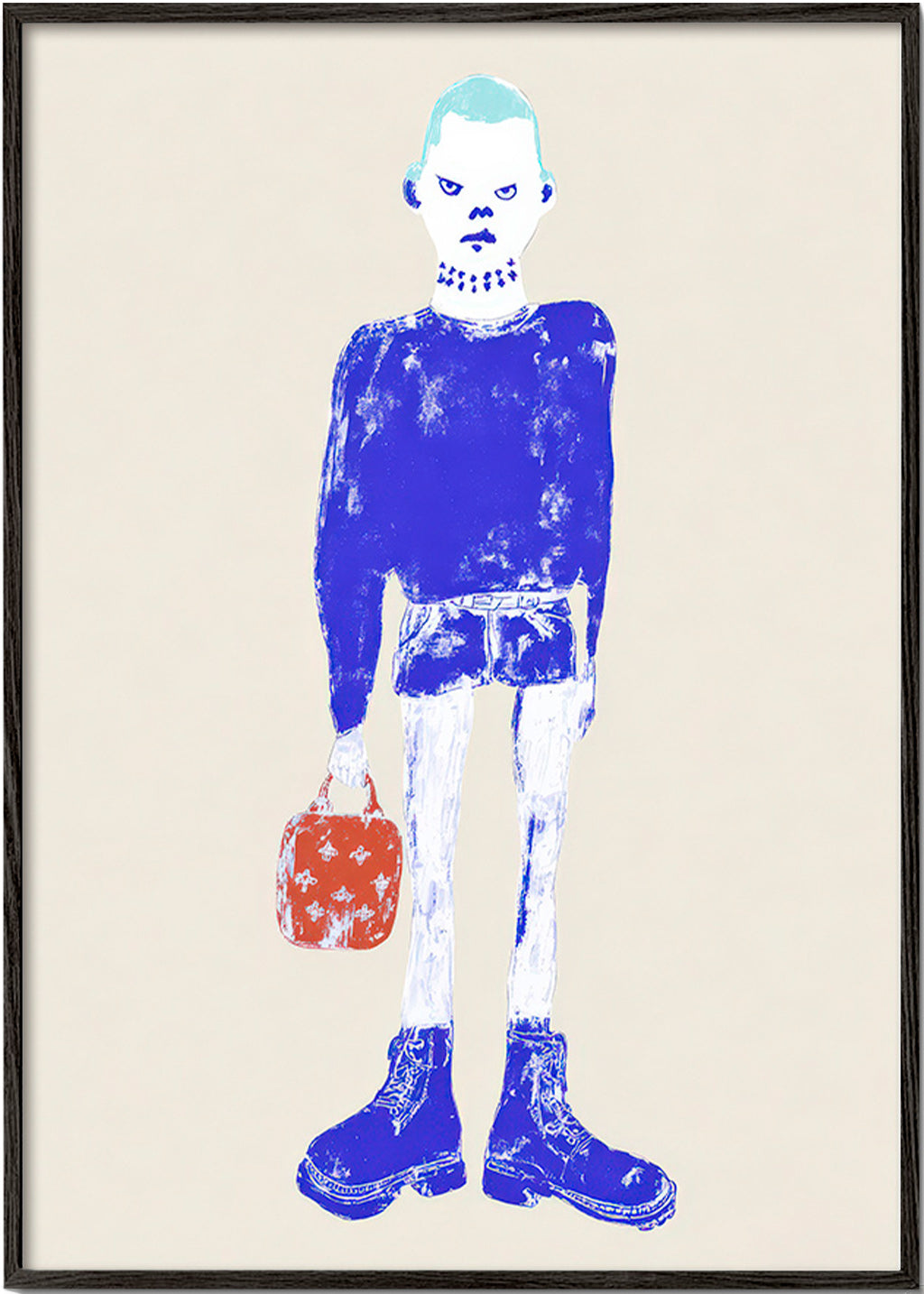 Illustration av blå figur med väska