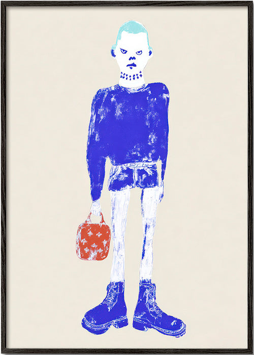 Illustration av blå figur med väska