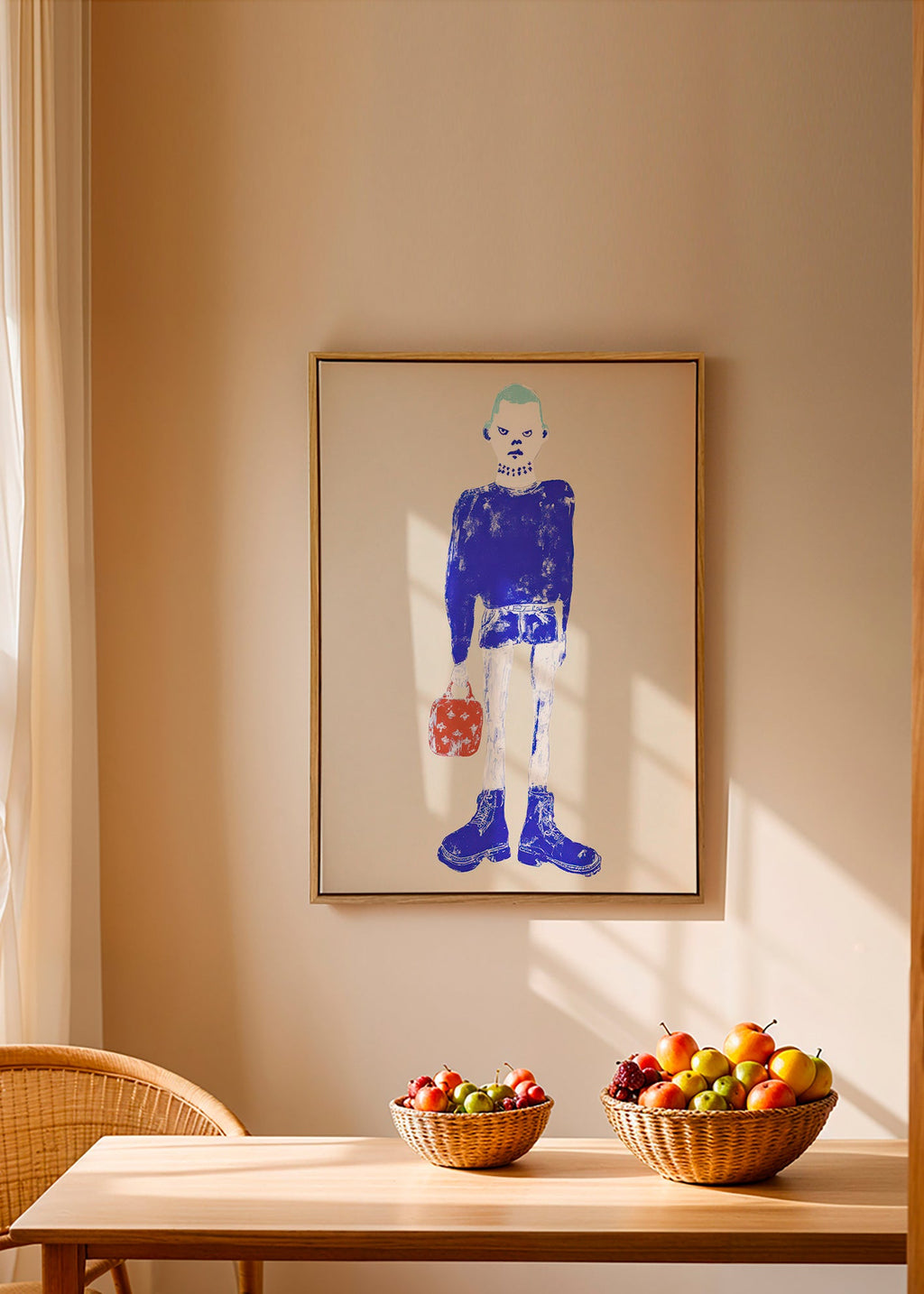 Illustration av blå figur med väska