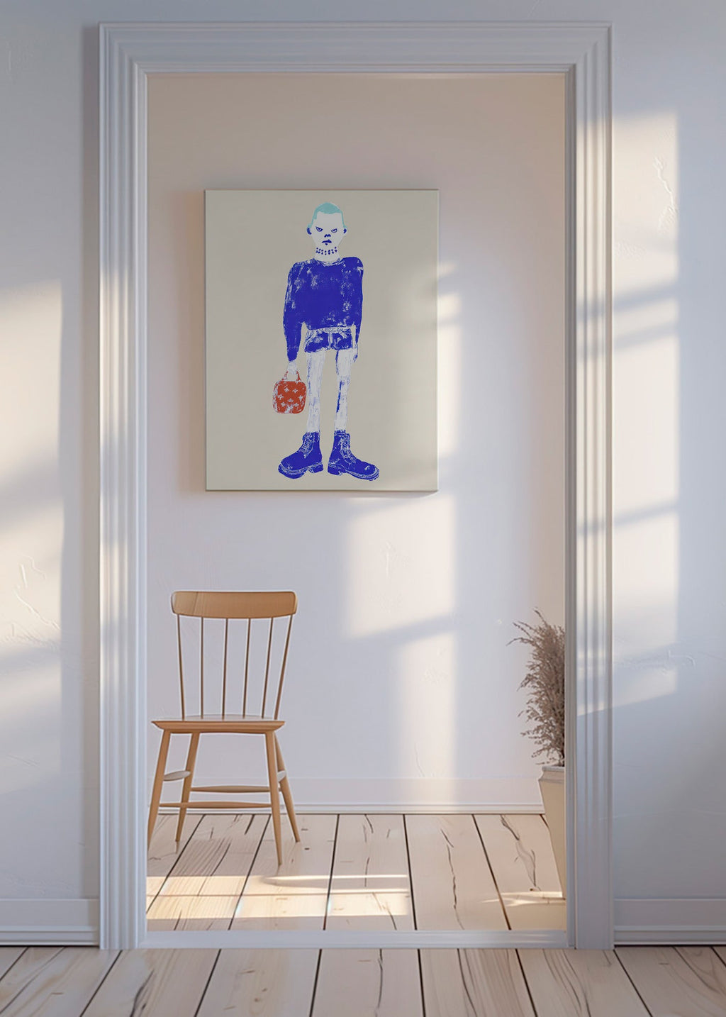 Illustration av blå figur med väska