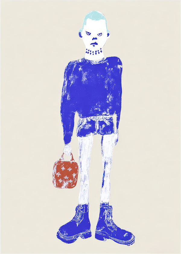 Illustration av blå figur med väska