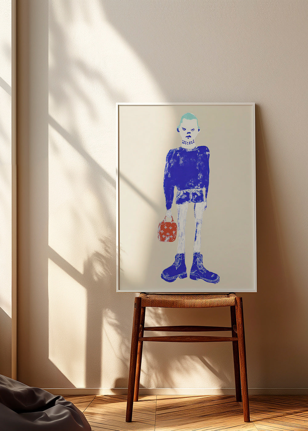Illustration av blå figur med väska