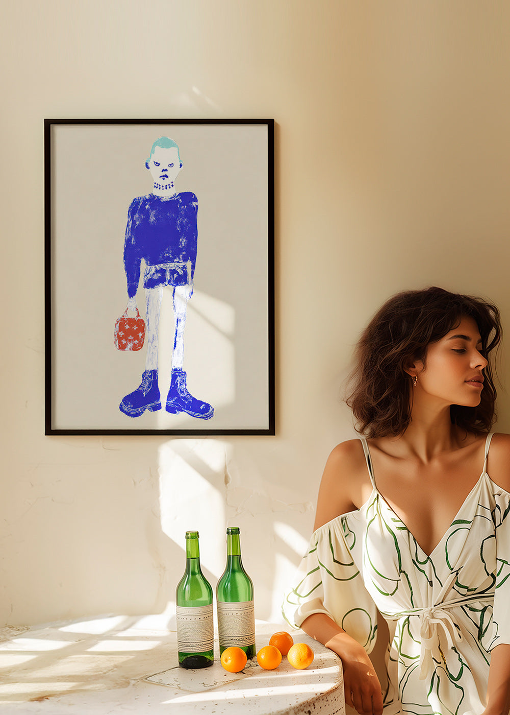 Illustration av blå figur med väska