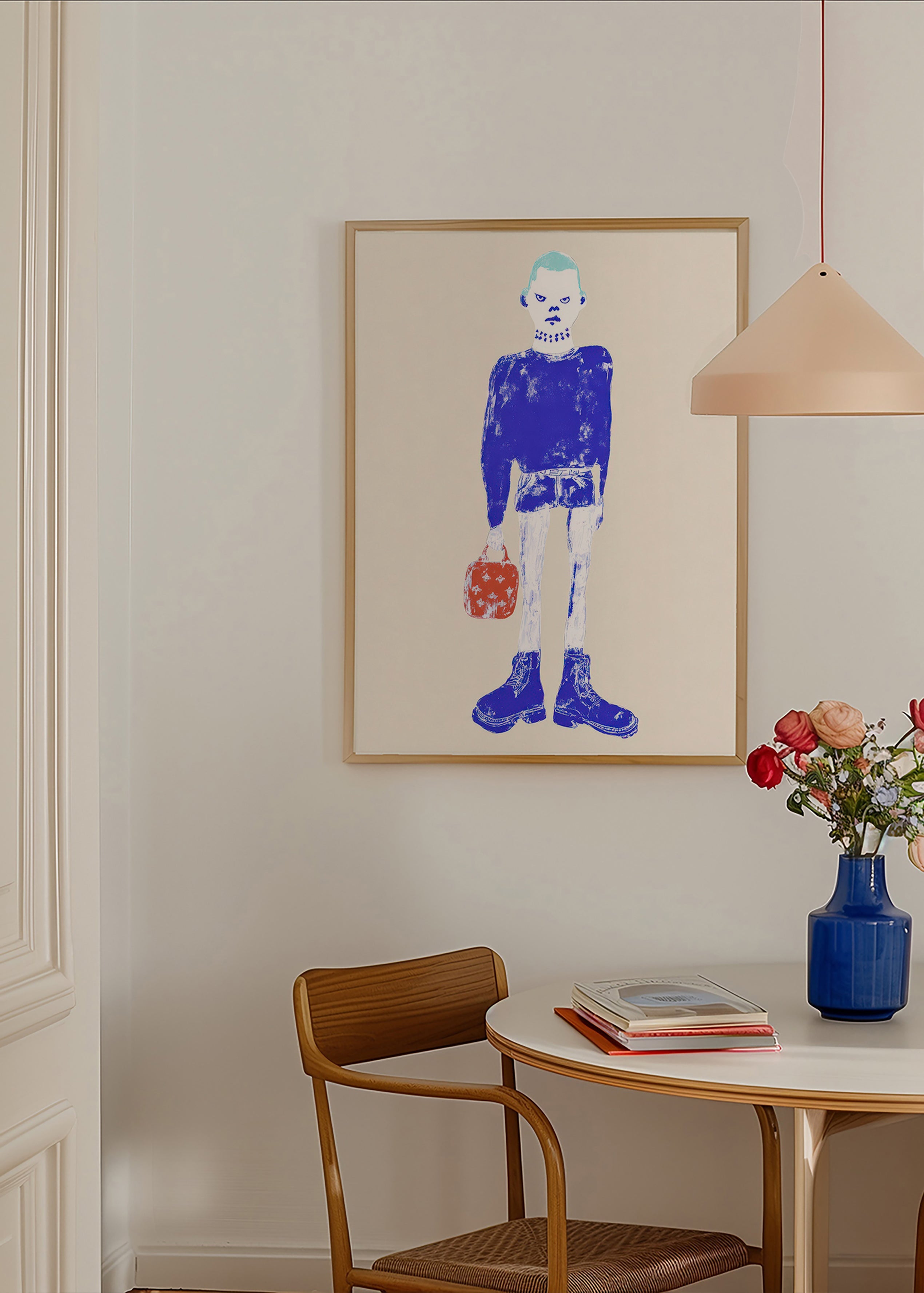Illustration av blå figur med väska