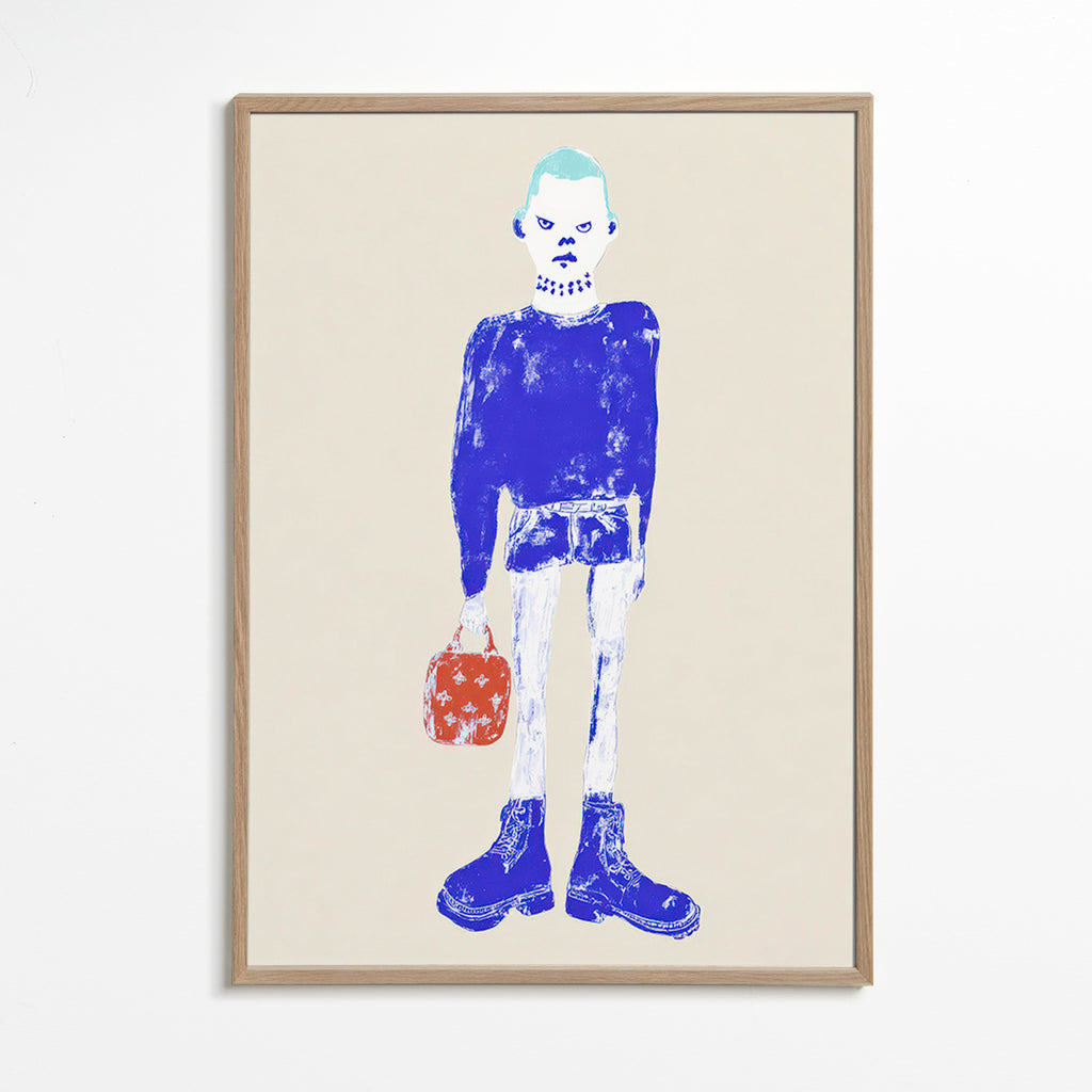 Illustration av blå figur med väska