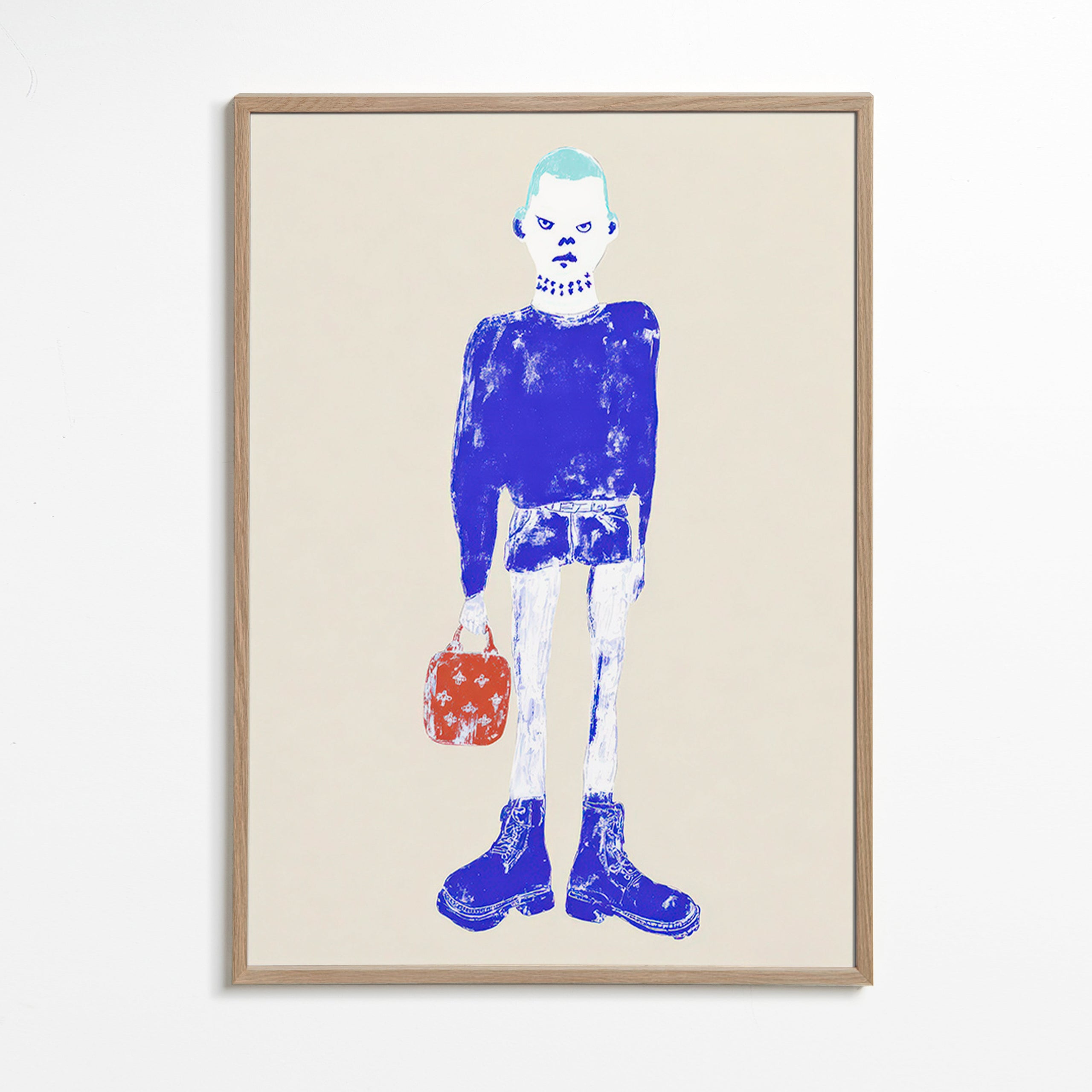 Illustration av blå figur med väska