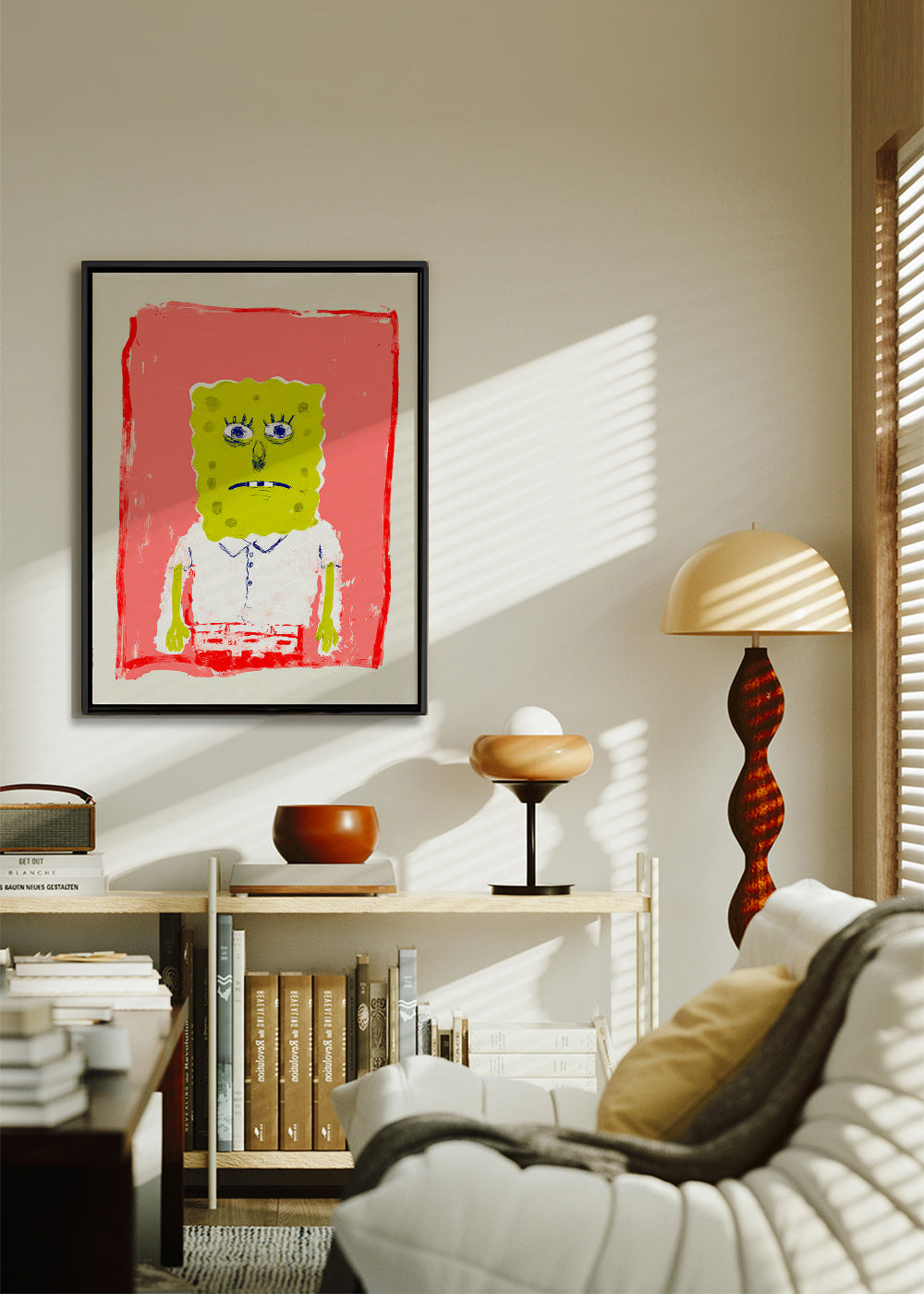 Illustration svampfigur på rosa bakgrund