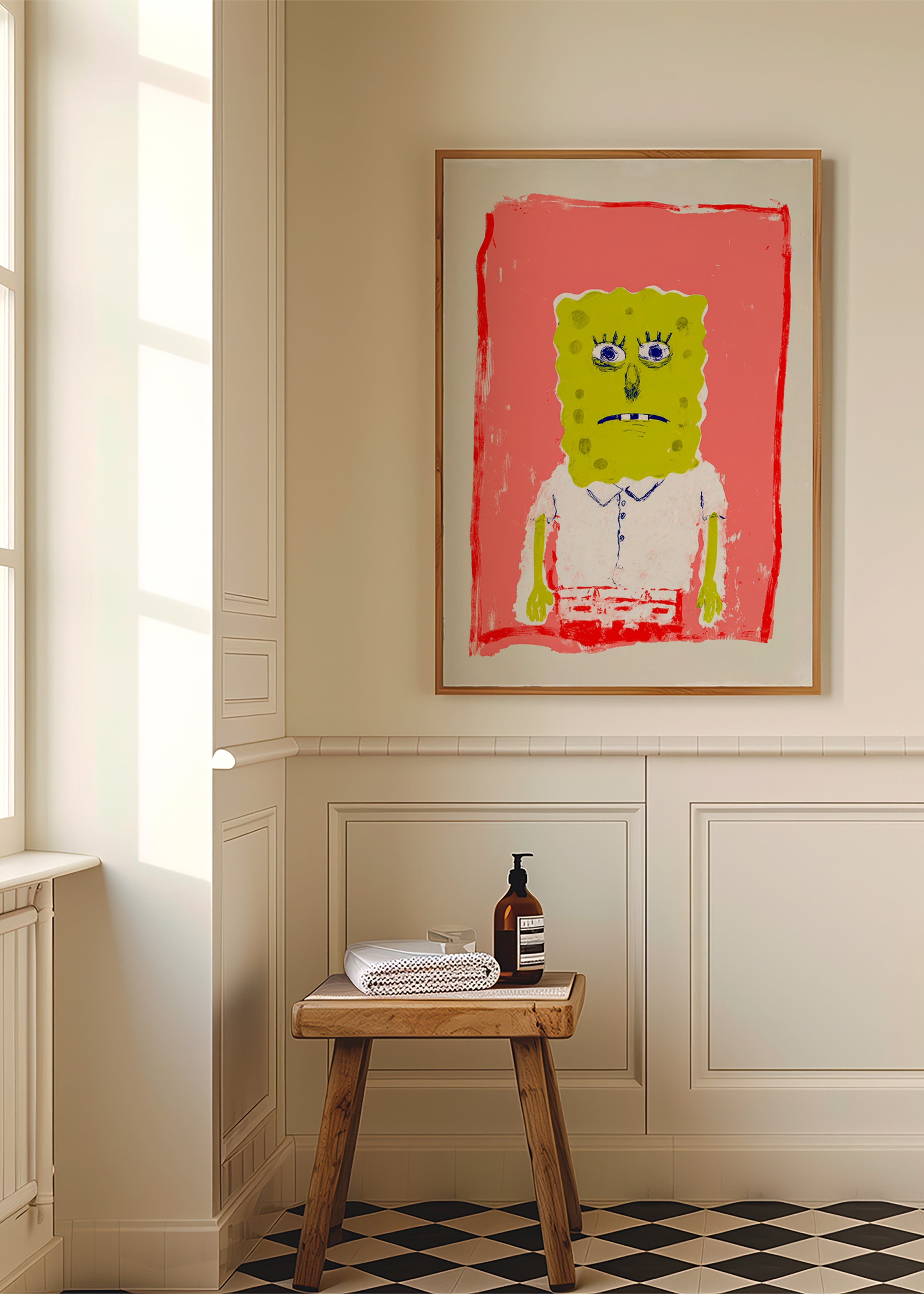 Illustration svampfigur på rosa bakgrund