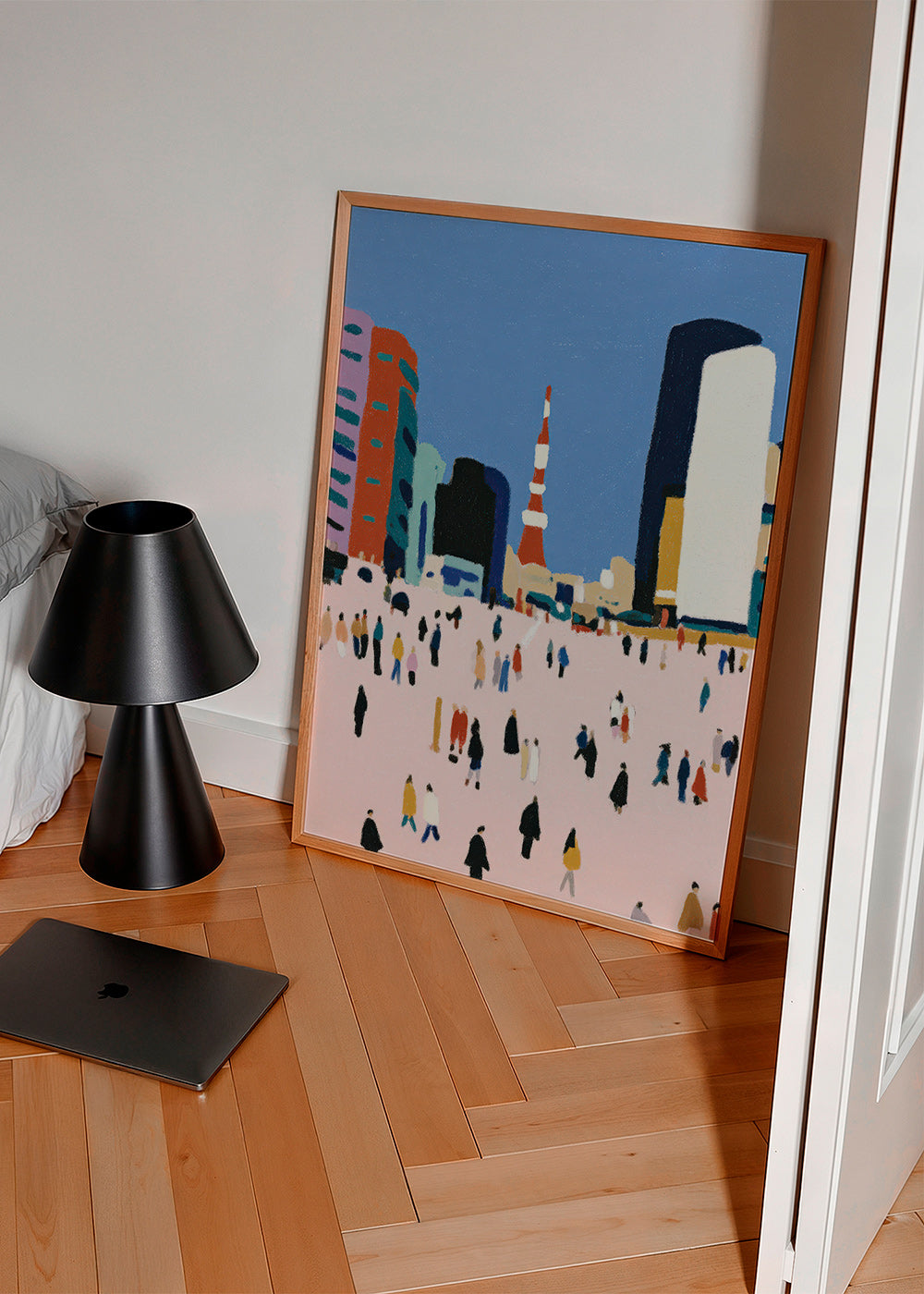 Stadsbild med stiliserad folkmassa