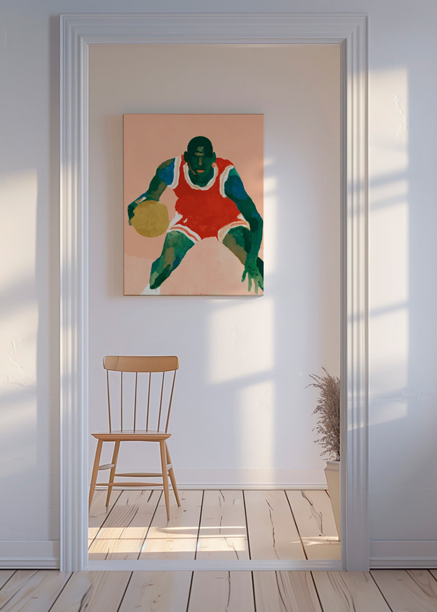 Sportkonst: basketspelare i rörelse