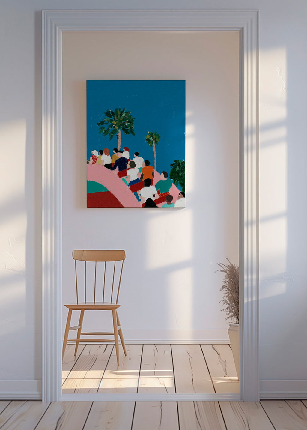 Illustration av folk på åkattraktion med palmer