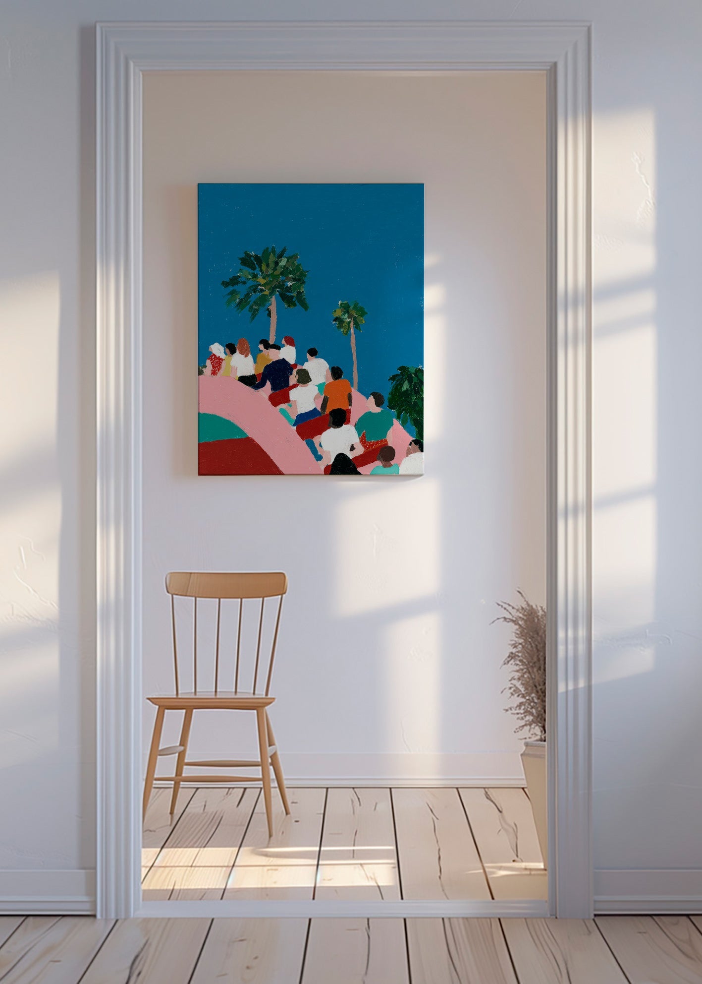 Illustration av folk på åkattraktion med palmer