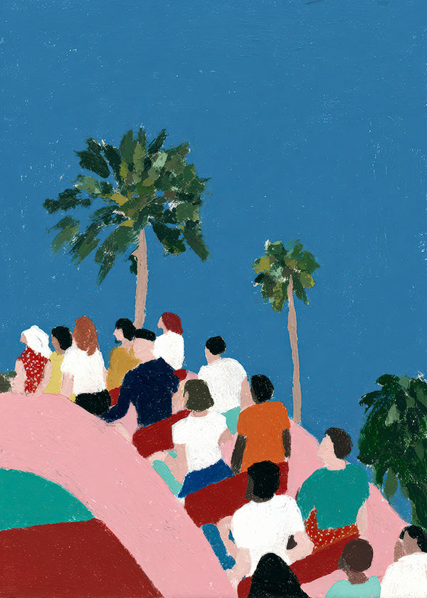 Illustration av folk på åkattraktion med palmer
